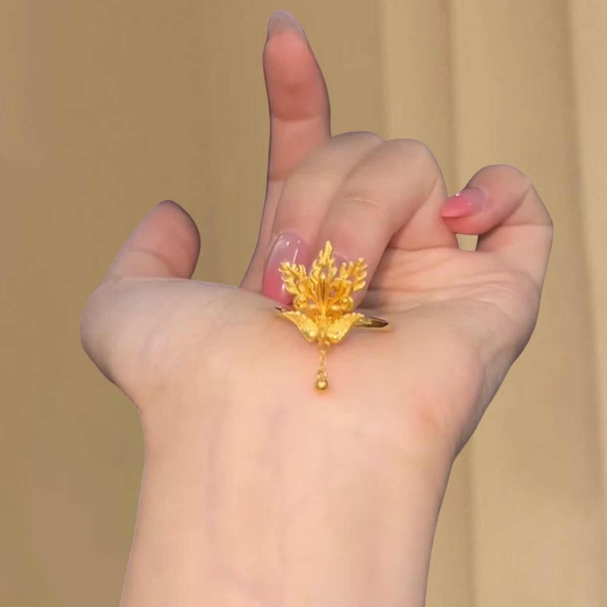 National Style Small Slip Tassel Phoenix Chinese Wedding Three Gold Ring