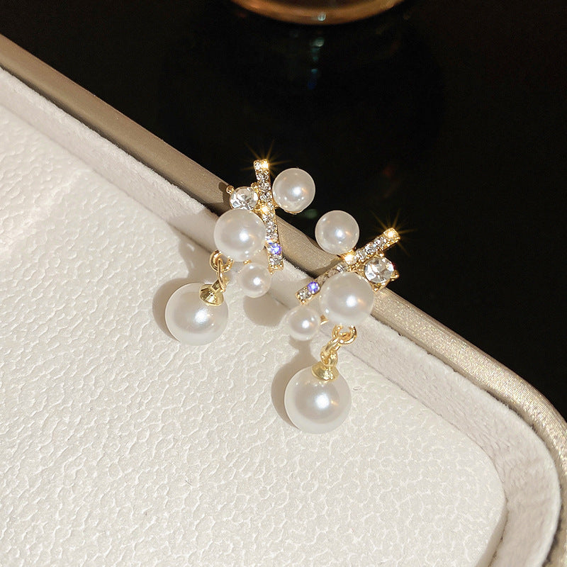 Temperamental Small Pearl Diamond Cross Design Earrings