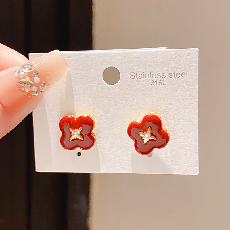 Women's Sier Needle Zircon Life Red Pony Light Luxury Earrings