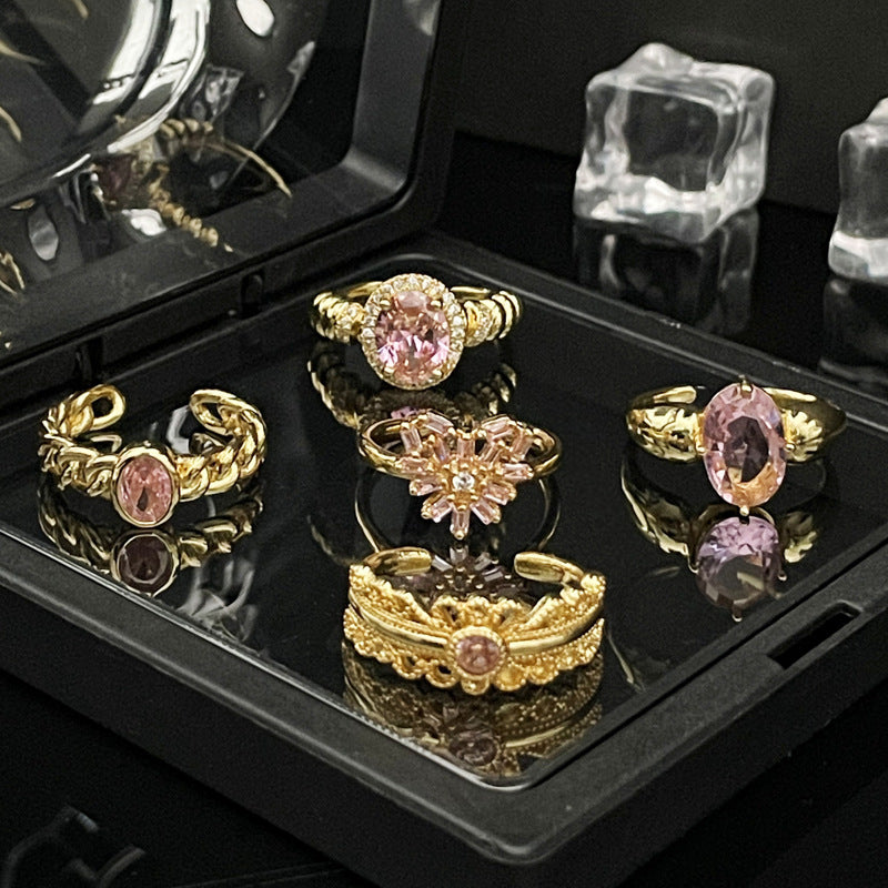 Retro Elegant Pink Diamond Niche Open Rings