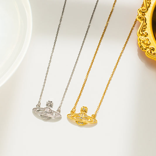 Sier Full Diamond Saturn Hollow Live Necklaces