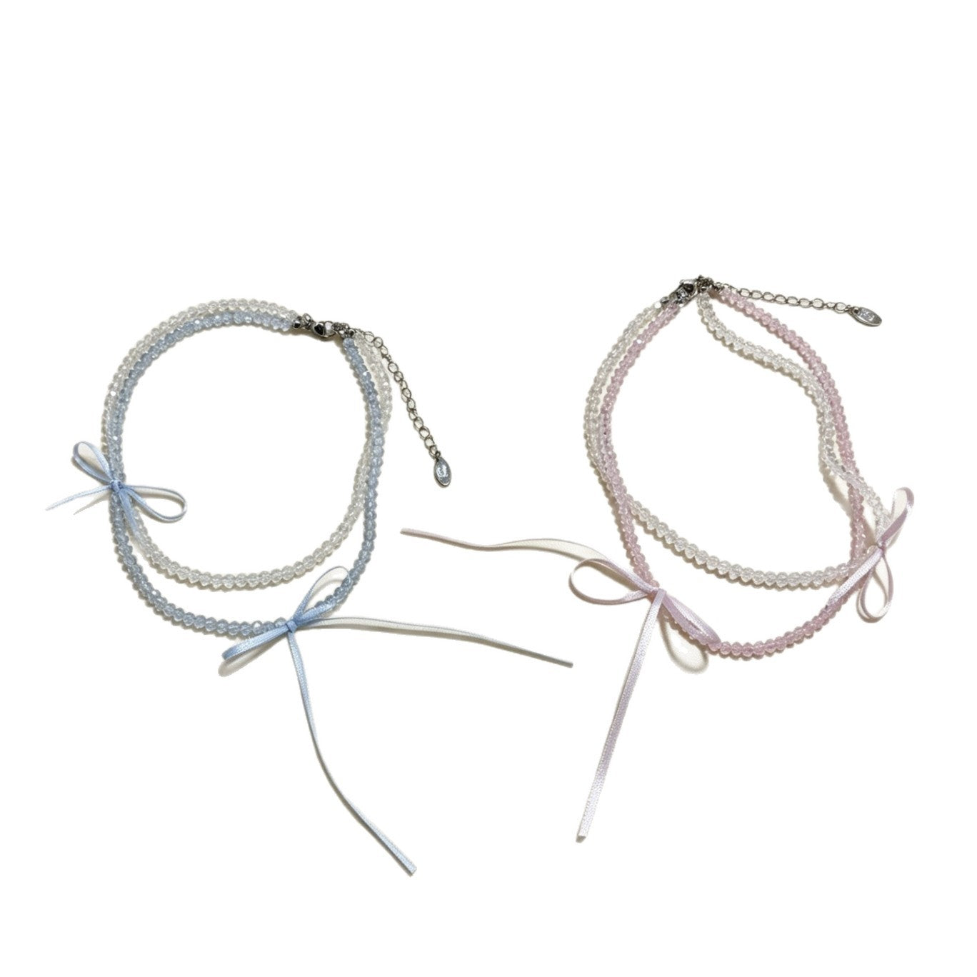 Girly Style Ribbon Bow Gentle Clear Clavicle Chain Beaded Double Necklaces