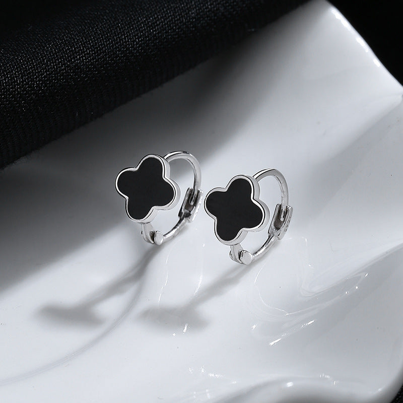 Sterling Sier Simple Enamel Black Circle Ear Earrings