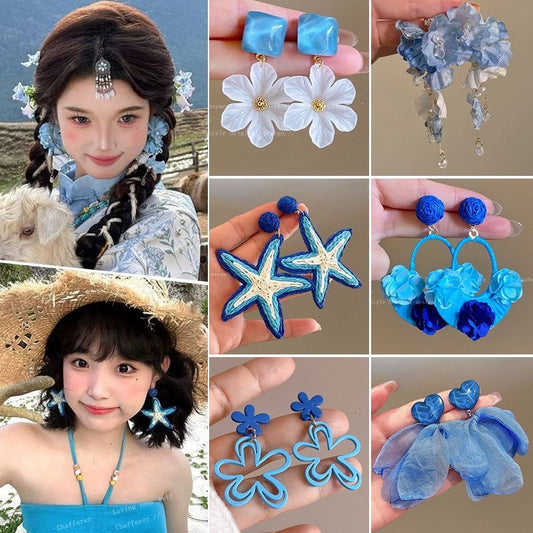 Summer Super Fairy Vacation Style Blue Flower Tassel Fashion Elegant Rings
