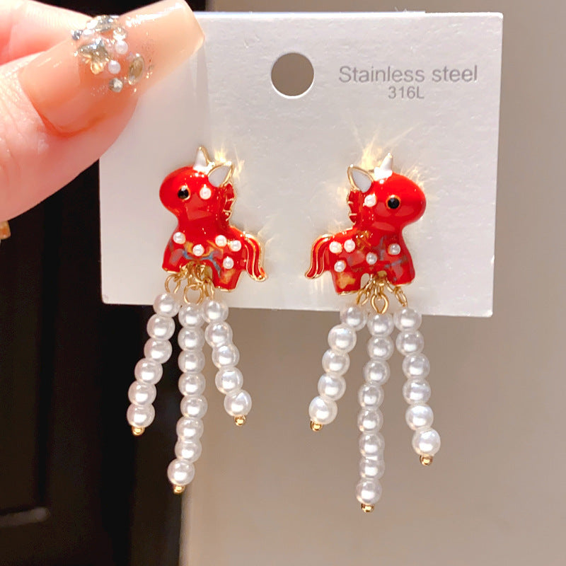 Women's Sier Needle Zircon Life Red Pony Light Luxury Earrings