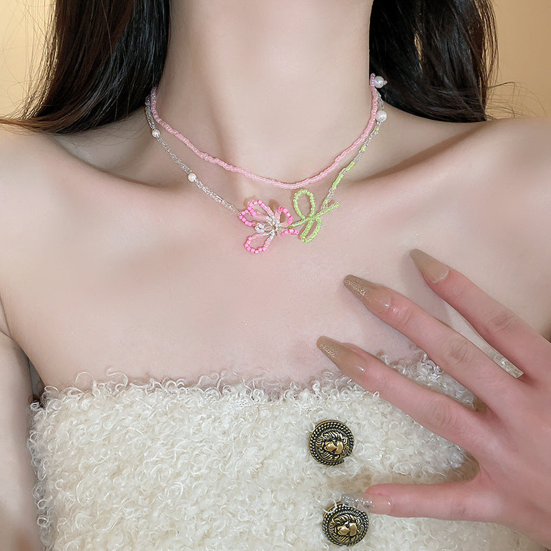 Heart Bow Pearl Korean Artsy Temperament Necklaces