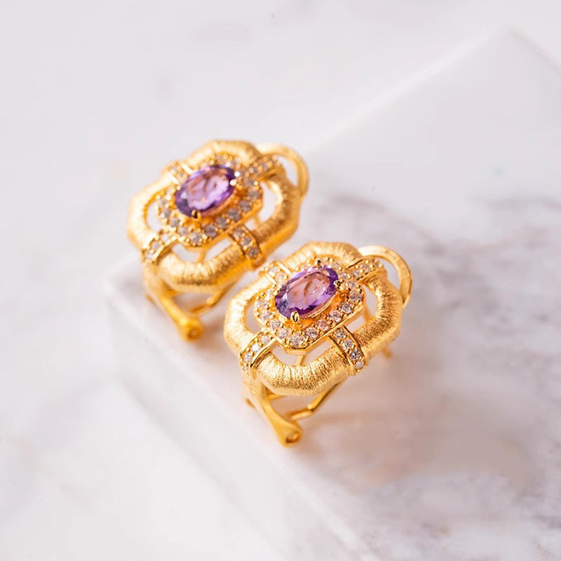 Women's Vintage Italian Brushed Craft Real Gold Plating Luxury Purple Earrings