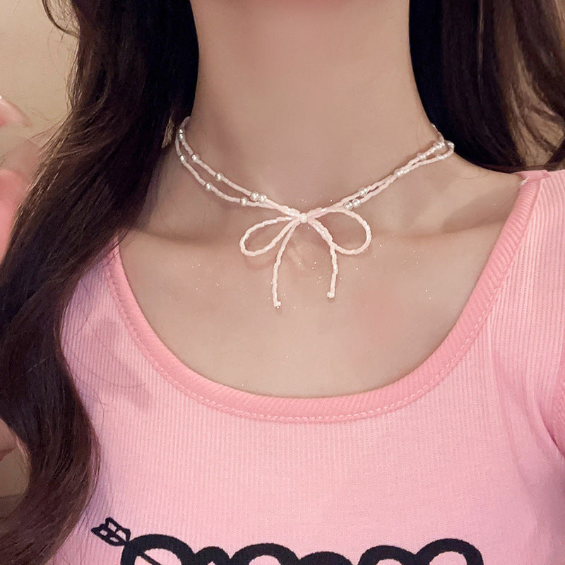 Heart Bow Pearl Korean Artsy Temperament Necklaces
