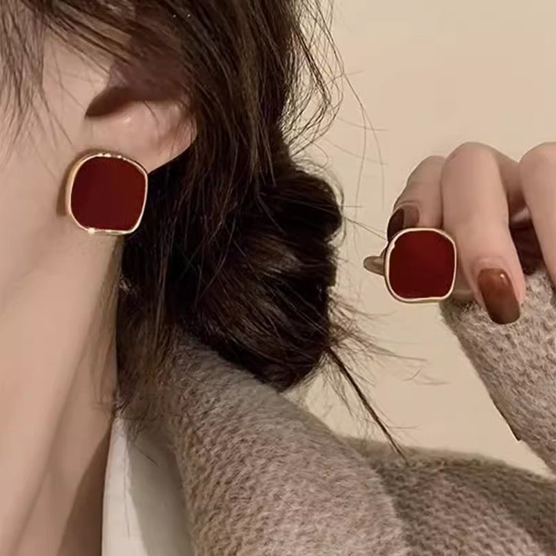 Women's Needle Red Square Enamel Fashionable Ear Earrings