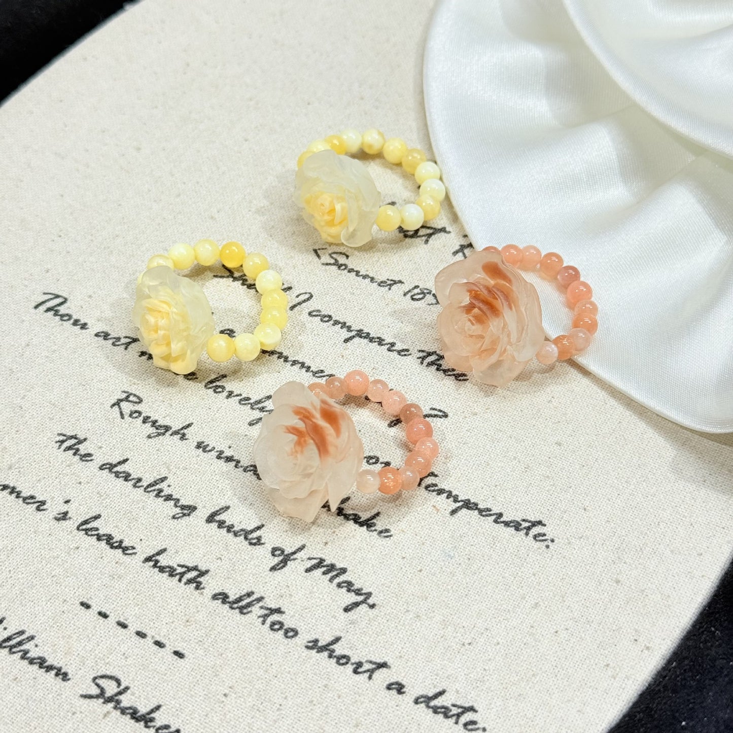 Orange Moonlight Resin Camellia Handmade Beaded Crystal Elastic String Exquisite Ring