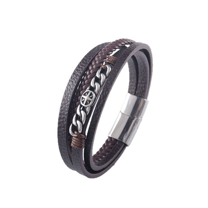 Men's Stainless Steel Chain Cross Woven Leather Bracelets