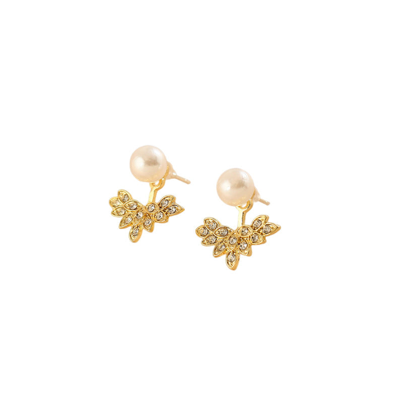 French Retro Rhinestone Leaf Pearl One Earrings