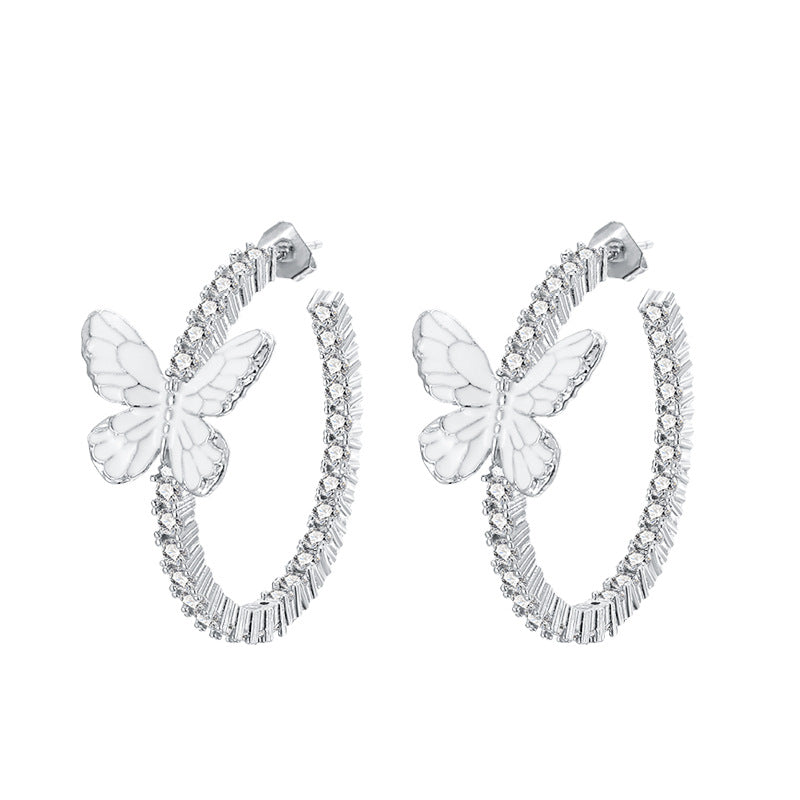 Decoration White Butterfly Super Flash Circle Micro Inlaid Zircon Earrings