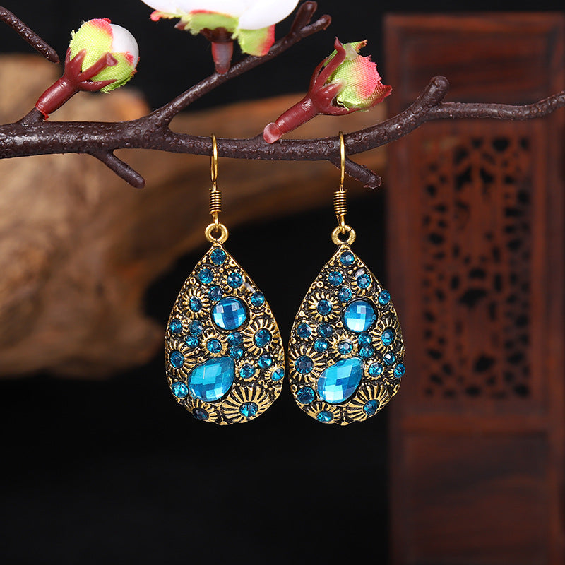 Water Drop Gem Ancient Ethnic Style Earrings