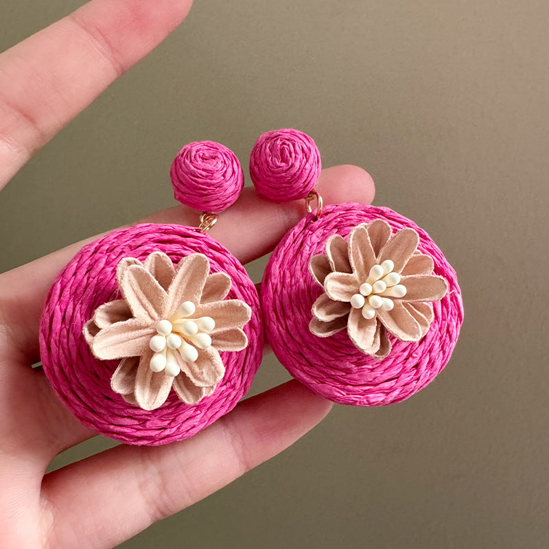 Wind Sweet Flexible Straw Round Flower Simple Temperamental Rings