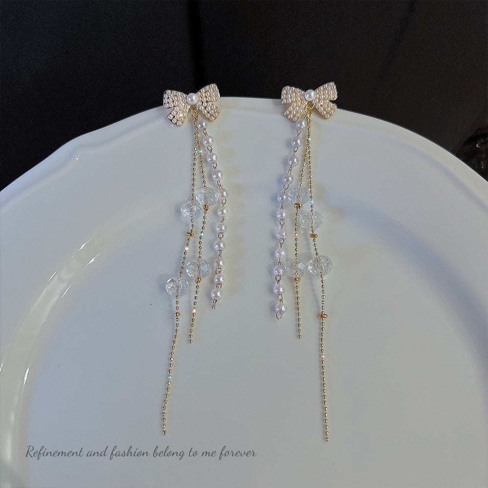 Style Long Fringed Pearl Sier Needle Earrings