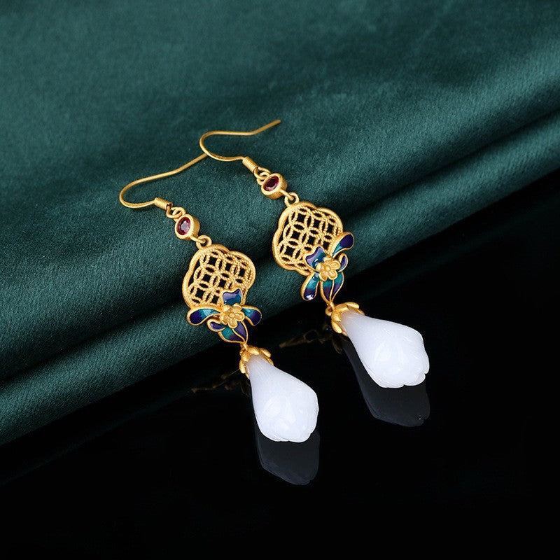 Imitation Jade Epoxy Magnolia National Style Earrings