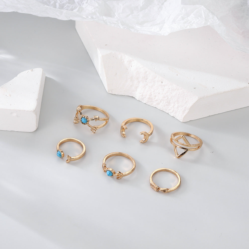 Retro Turquoise Moon Arrow Triangle Hollow Open-end Rings