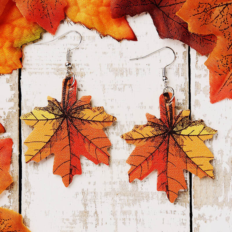 Autumn Pumpkin Thanksgiving Day Leather Maple Earrings