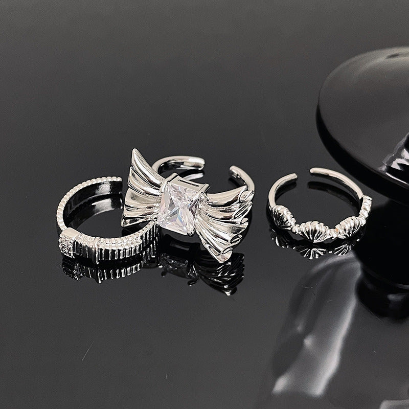 Bow Square Open-end Zircon Female Simple Personality Rings