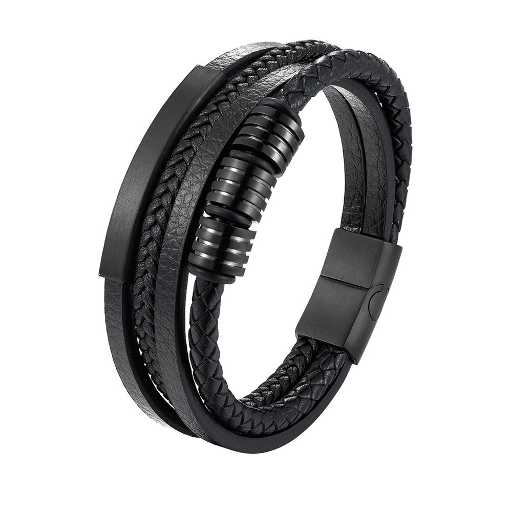 Men's Popular Titanium Steel Authentic Leather Weave Bracelet