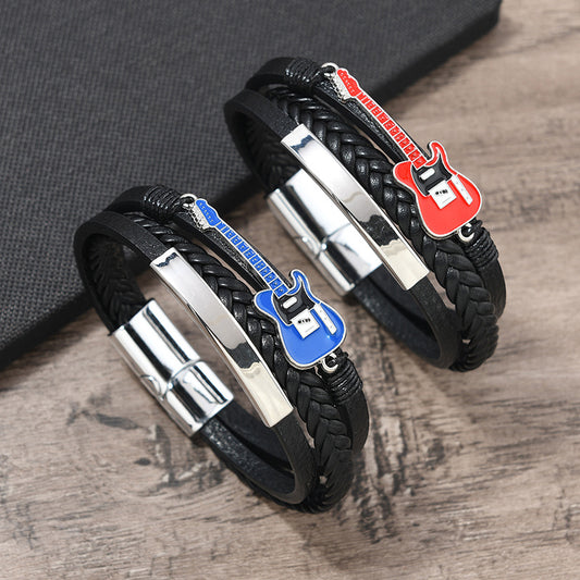Men's Color Guitar Woven Leather Magnetic Buckle Bracelet