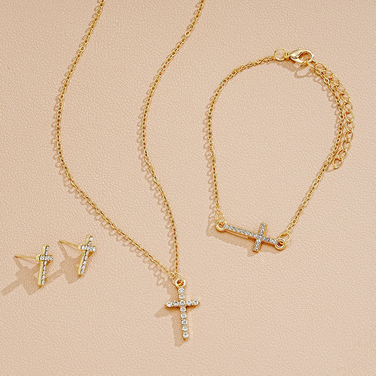 Creative Simple Point Rhinestone Cross Three-piece Earrings