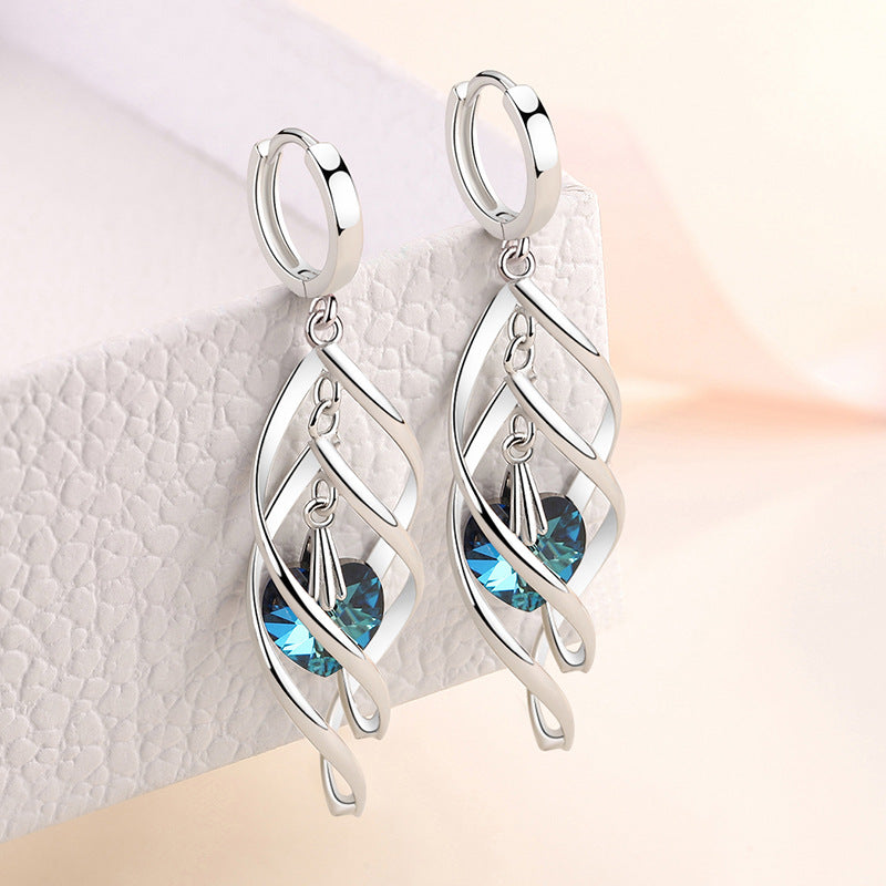 Korean Style Blue Crystal Heart Ocean French Temperament Earrings