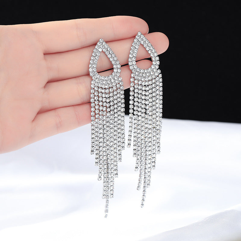 Women's Needle Water Drop Diamond Long Fringe Fashion Design Earrings