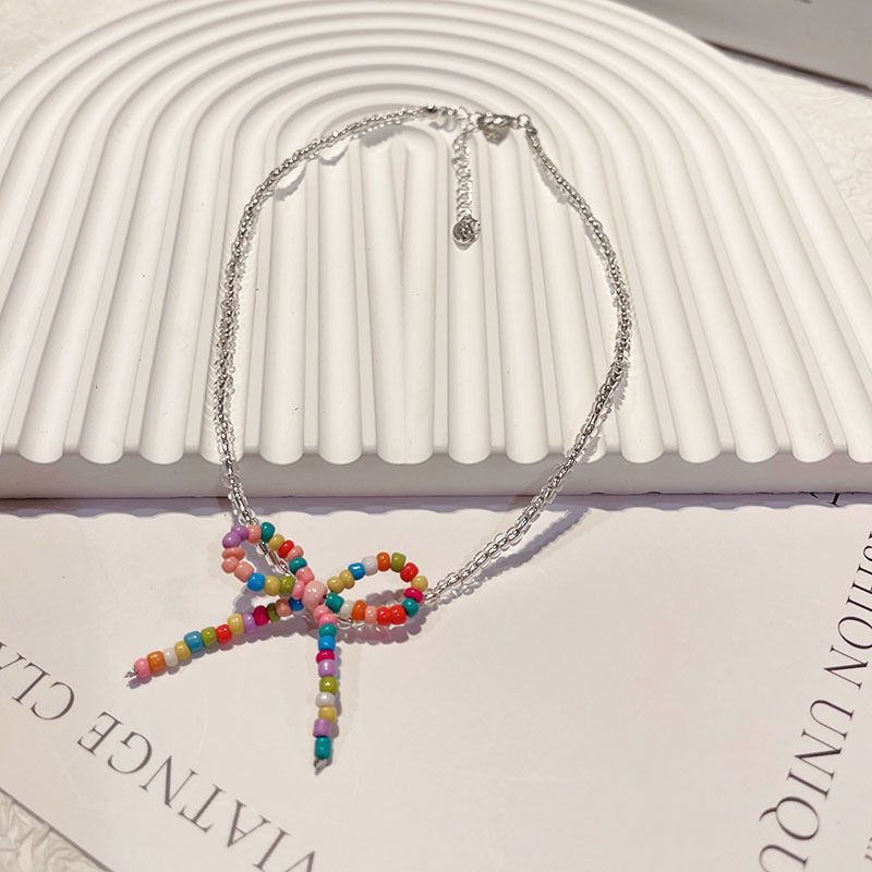 Women's Chain Bow Crystal String Beads Niche Necklaces