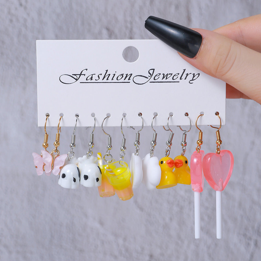 Tea Little Daisy Pairs Combination Mushroom Butterfly Earrings