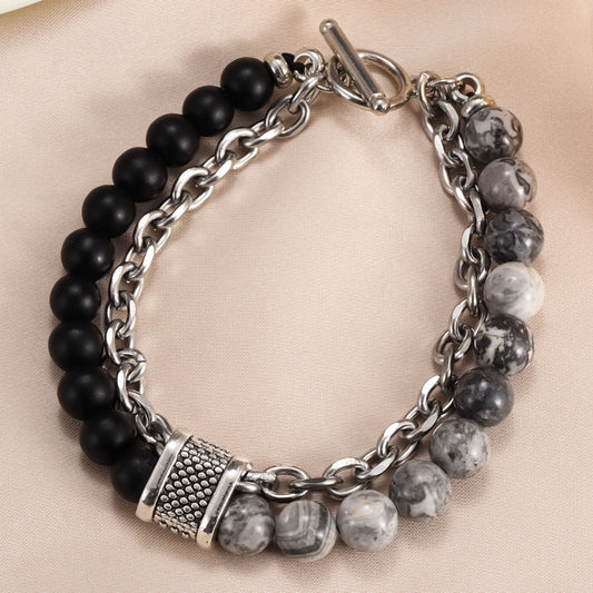 Men's Natural Unique Map Stone Beaded Iron Bracelets