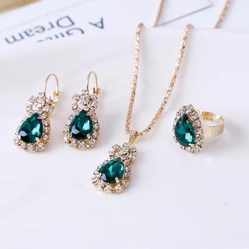 Rose Red Lake Blue Three-piece Rhinestone Necklaces