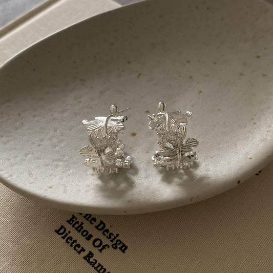 Leaf Design Metal Sier Needle Fashionable High Sense Earrings