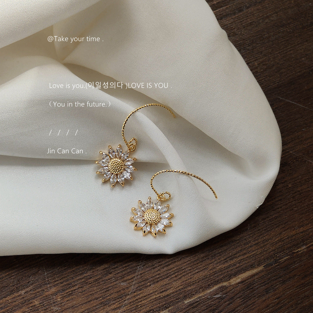 Micro Inlaid Zircon Sunflower Elegant Plated Simple Earrings