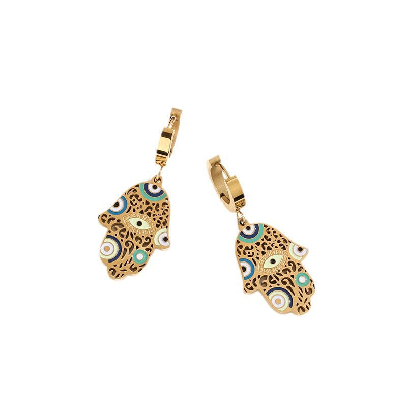 Women's Titanium Steel Leopard Print Oil Dripping Craft Blue Eyes Hollow Jewelry Set