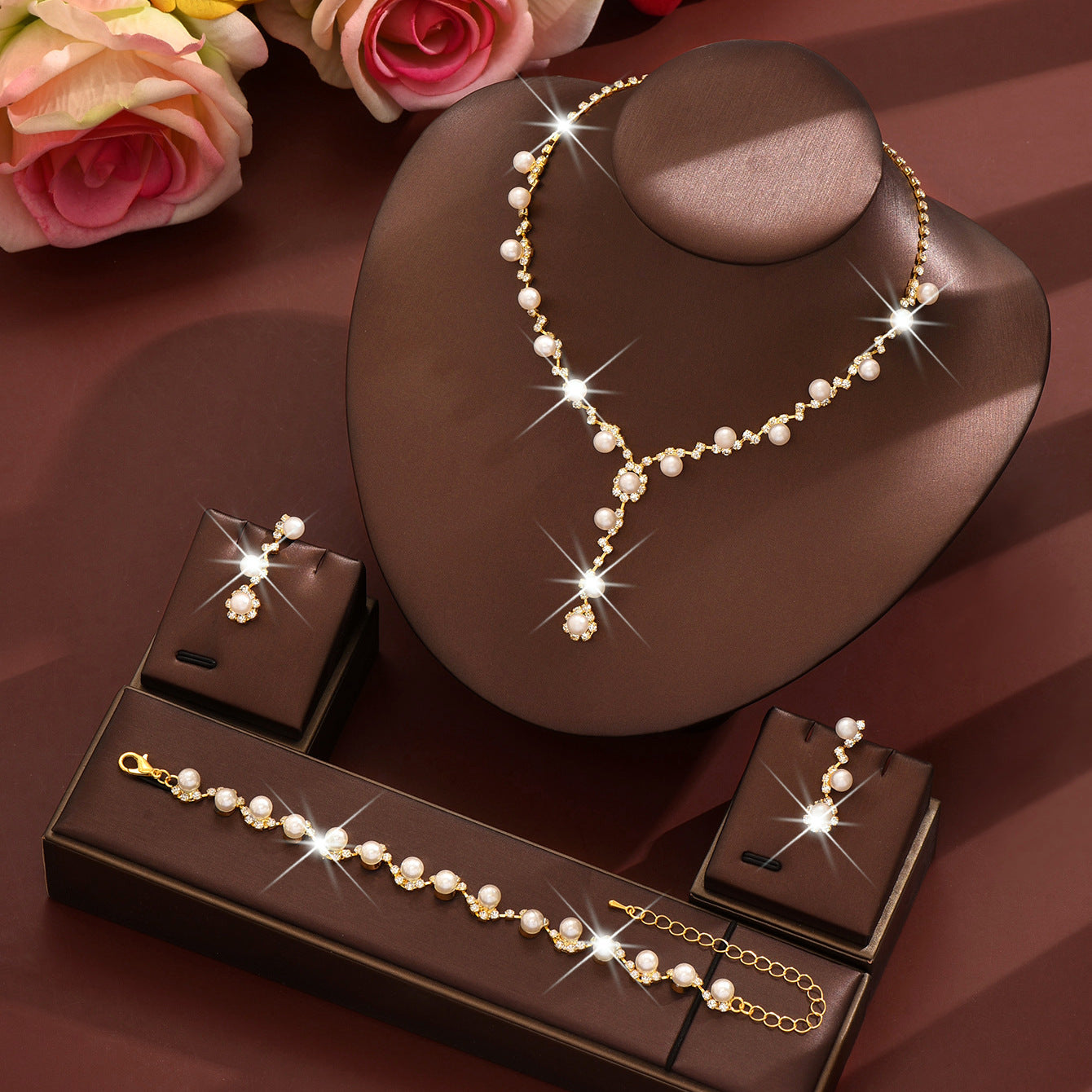 Bridal Popular Sunflower Rhinestone Pearl Three-piece Necklaces