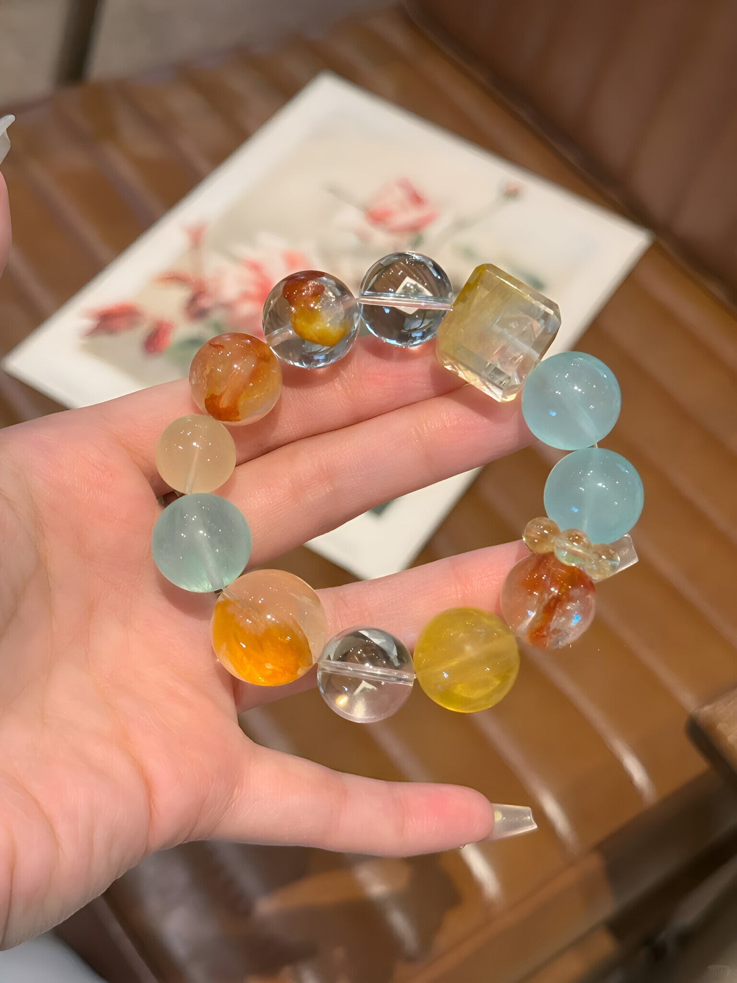 Women's Moon Natural Red Sealant Olive Green Fluorite Bracelet