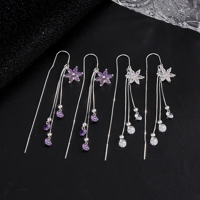 Long Super Shiny Small Flower Tassel Earrings