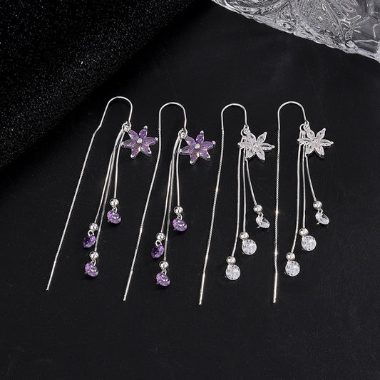 Long Super Shiny Small Flower Tassel Earrings