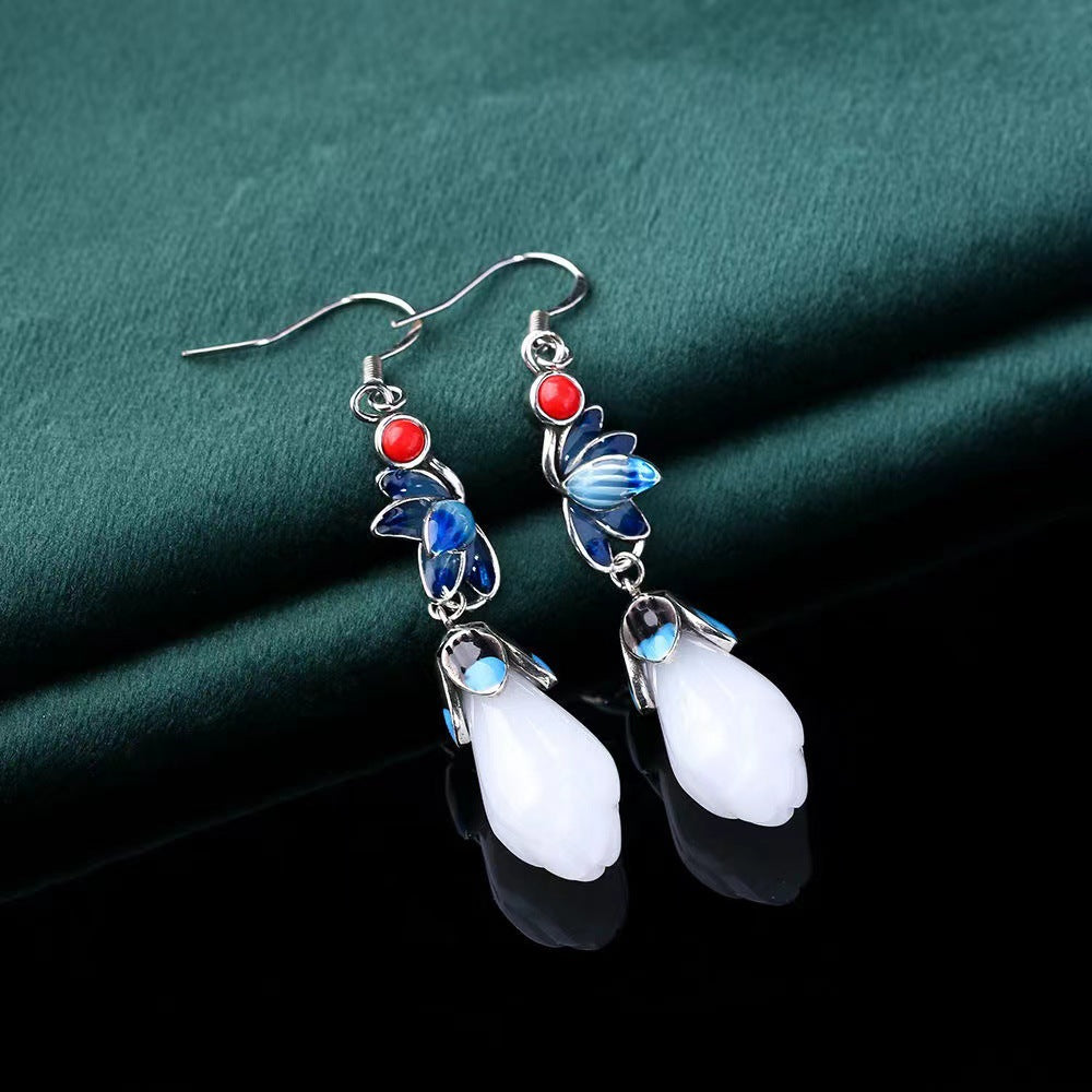 Imitation Jade Epoxy Magnolia National Style Earrings