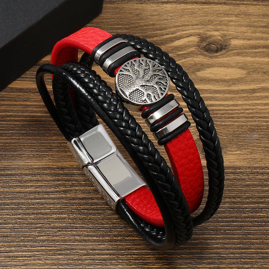 Men's Magnetic Buckle Leather Lucky Tree Alloy Bracelets