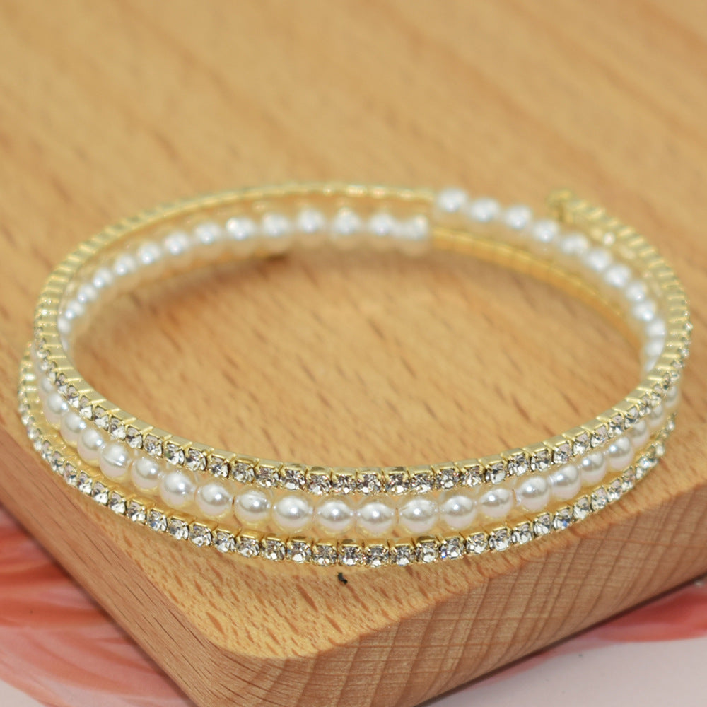 Fashion Shiny Rhinestone Pearl Row Brace Bracelet