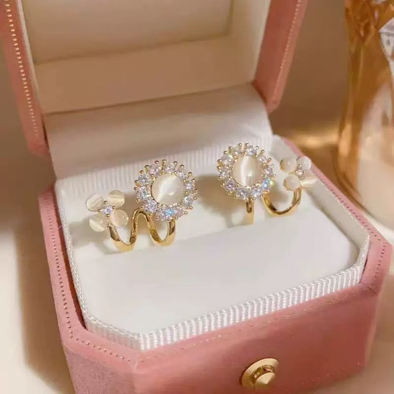 Opal Flower Sier Needle Sun Ear Stud Earrings