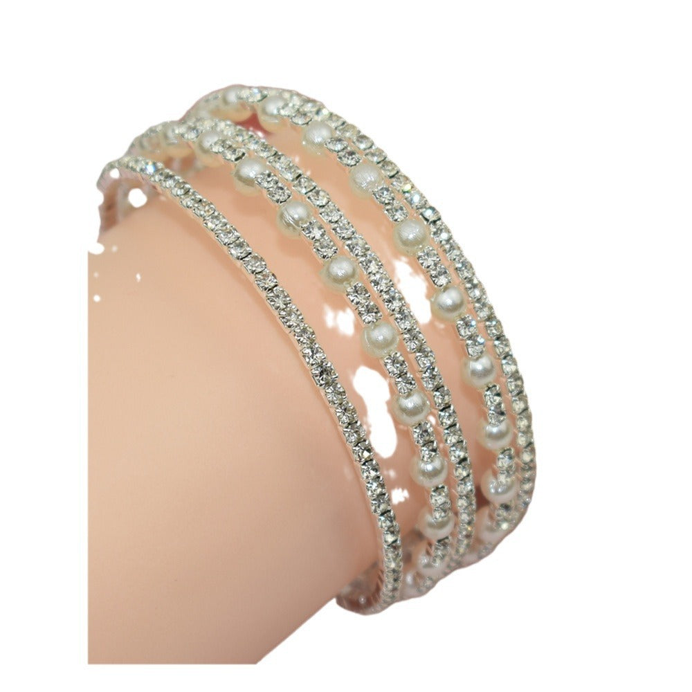 Popular Elegant Rhinestone Pearl Opening Sier-plated Bracelet