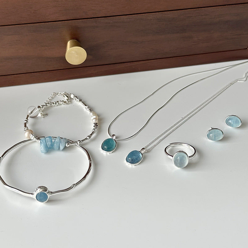 Women's Aquamarine Sier Combination Inlaid Natural Stone Necklaces