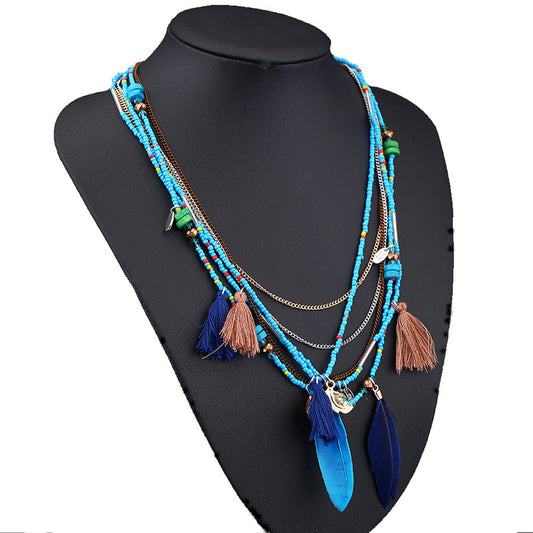 Bohemian Handmade Beaded Feather Fimbrilla Sweater Necklaces