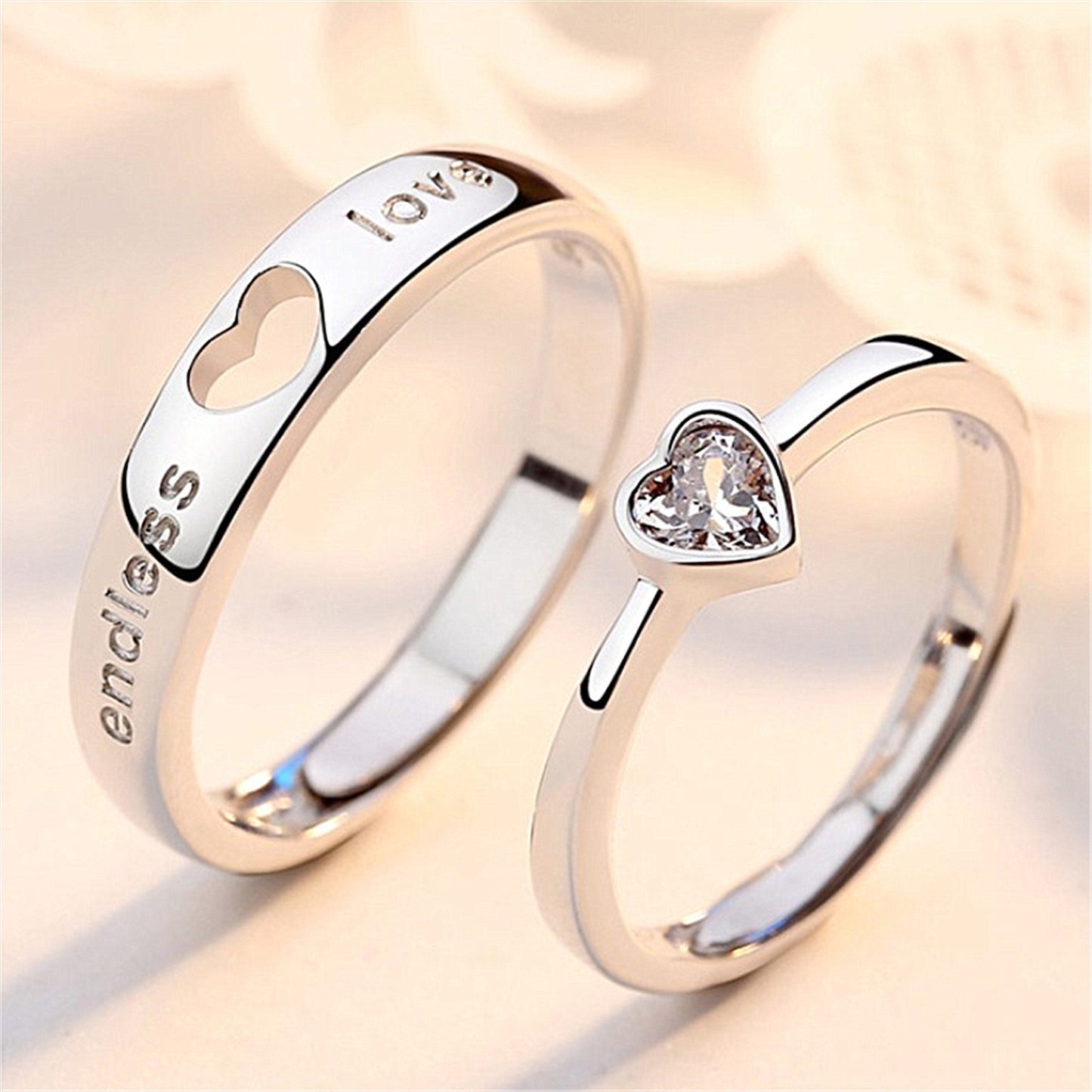 Women's & Men's Couple Hollow Heart Shape Diamond Long-distance Love Gift Ring