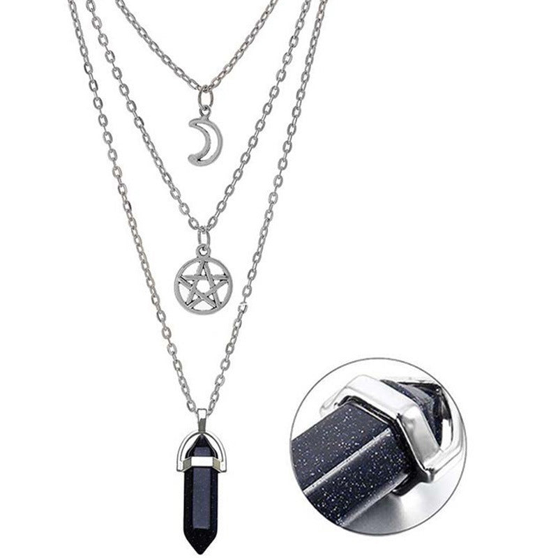 Women's Hexagon Prism Agate Hollow Moon Five-pointed Necklaces