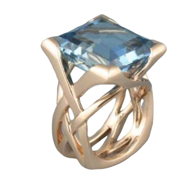 Creative Hollow Gold Inlaid Square Blue Stone Rings